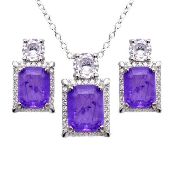 Rhodium Plated 925 Sterling Silver Rectangle Purple Halo CZ Set - Picture 2 of 3